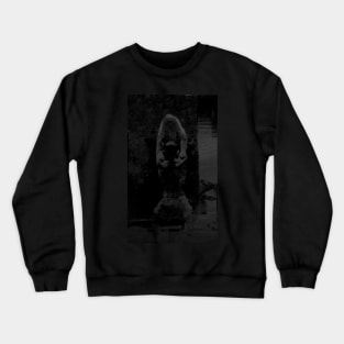 Digital collage, special processing. Strong guy, raised his hands, near big stone. Dark water, mystic. Grayscale. Crewneck Sweatshirt